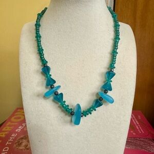 Handmade Artisan Blue & Green Sea Glass Beaded Necklace